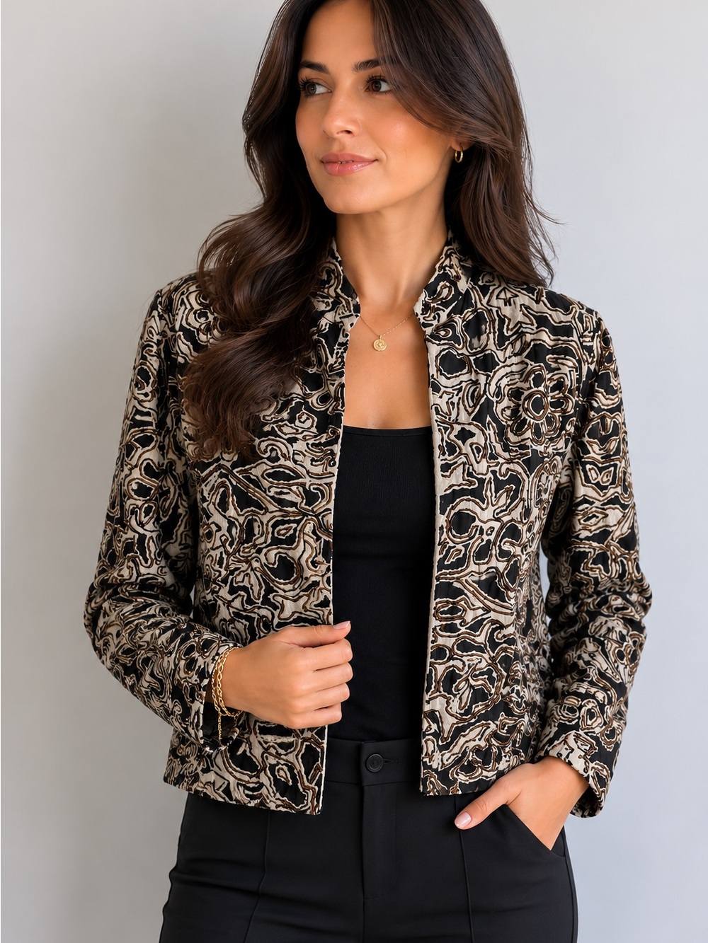Chico's Women's Brown Beaded Patterned Jacket Chico’s Size 0 (US approximate 4)